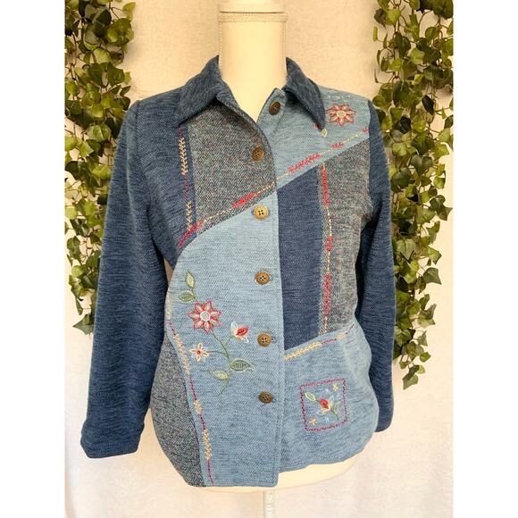 Vintage 90's Alfred Dunner Blue Tweed Patchwork Floral Embroidery Button Jacket - Picture 2 of 9